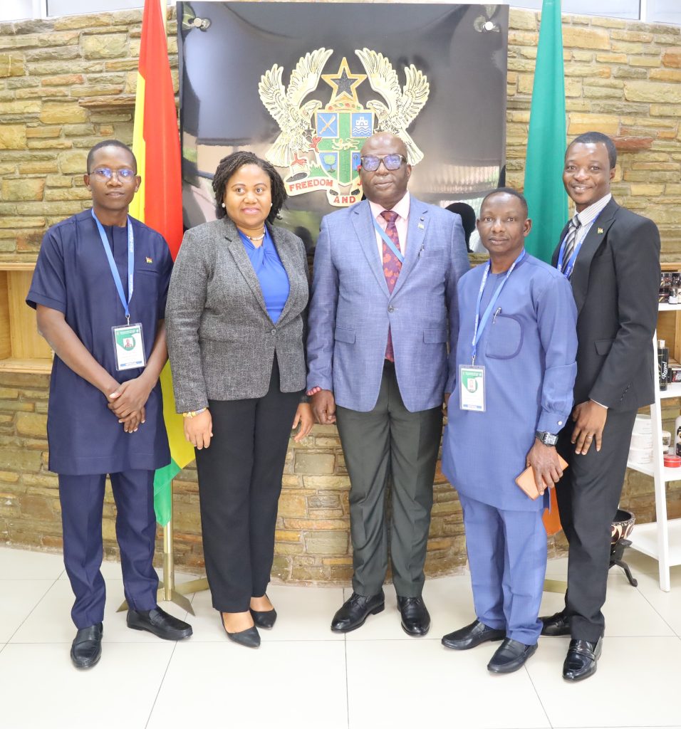Acting Head of Mission Mrs. Monica Boham and The Hon. Ebenezer Okletey Terlabi Deputy Minister of Interior and his team during a visit to the Ghana High Commission Lusaka on the 8th October, 2025 whilst attending the Africa Digital Ministerial Summit in Lusaka.
